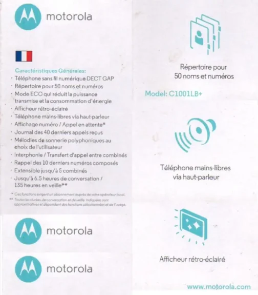 ⁦هاتف موتورولا المنزلي اللاسلكي - téléphone sans fil Motorola C1001LB+ Blanc⁩ - الصورة ⁦3⁩