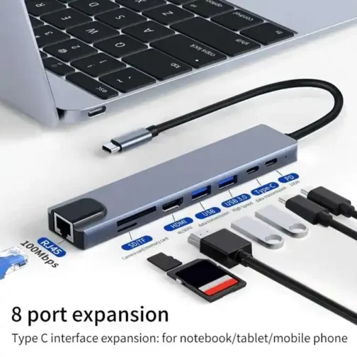 محول 8 في 1 للحاسوب - Adaptateur USB 8 en 1 Type-C pour Ordinateur Portable Macbook